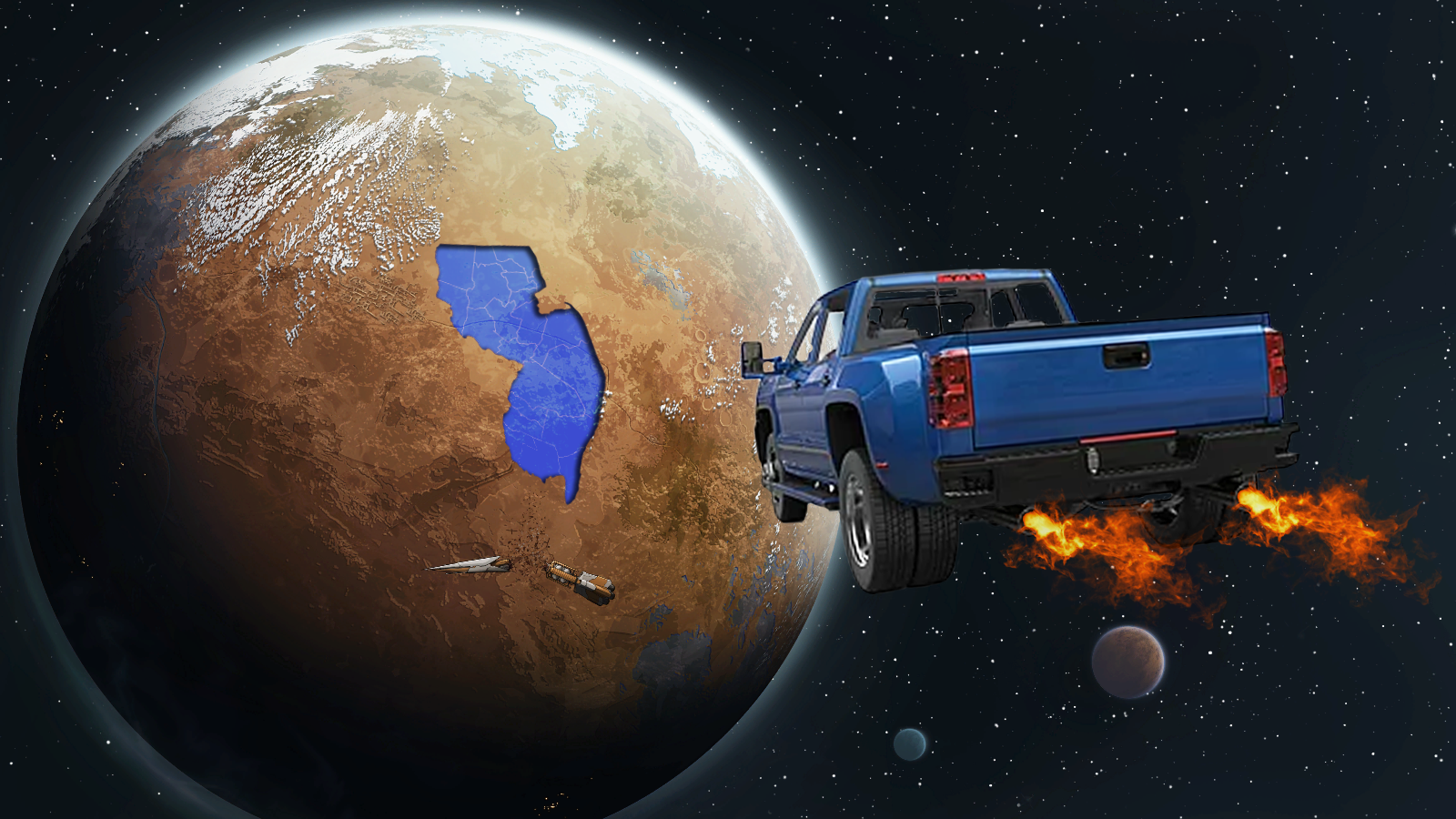 a blue truck flying towards a planet from Rimworld (property of Ludeon Studios) with a giant blue New Jersey imprinted in it